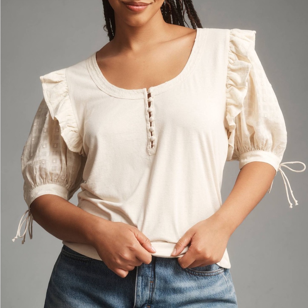 Anthropologie Embroidered Puff-Sleeve Top